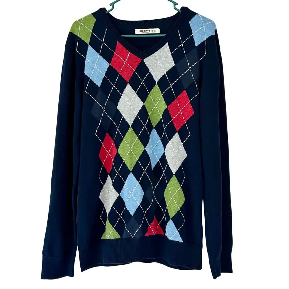Vintage Old Navy Argyle knit sweater crewneck old money country club Y2K Prep M
